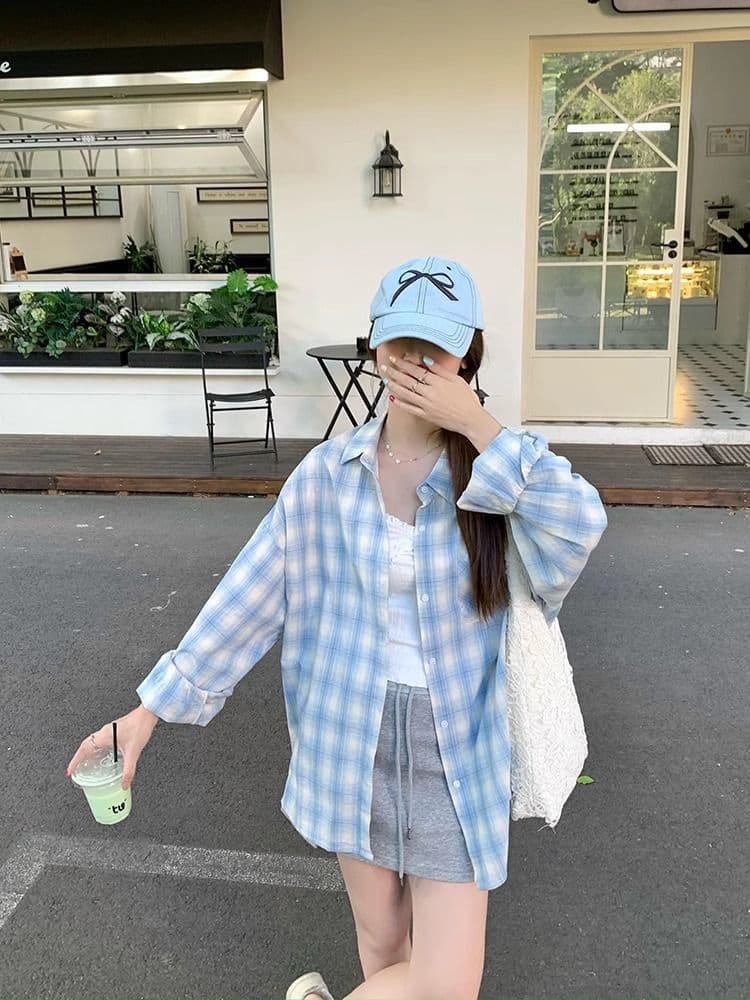 셔츠 새로운 체크무늬 자외선 차단 후드 재킷 이른 가을 긴팔 맨위 상세 이미지 4