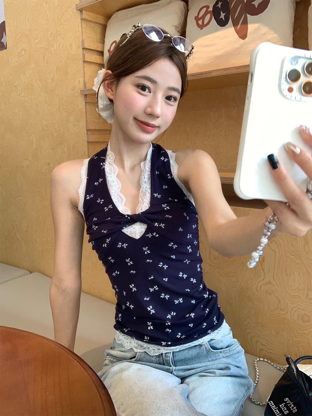 블루 꽃무늬 행침 목 캐미솔 여름 새로운 몸매 가꾸기 디자인 센스 레이스 백리스 작은 맨위 상세 이미지 2