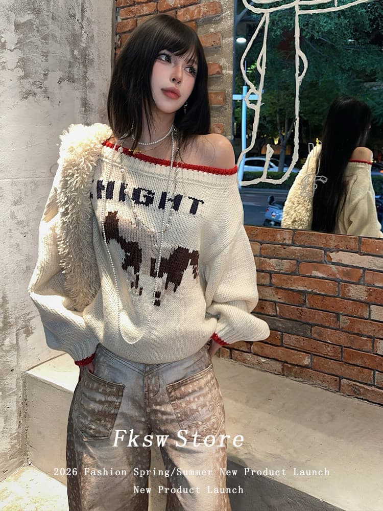 양 플러시 세 레트로 배색 비스듬한 어깨 풀오버 양성 및 음성 둘 착용 스웨터 여자 오프숄더 니트 스웨터 상세 이미지 3