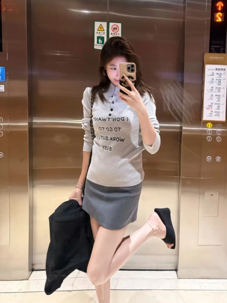 한 부서 회색 반하이넥 털 니트 스웨터 여성 봄 가을 새로운 알파벳 디자인 센스 품격 폴로 칼라 얇은 스타일 맨위 상세 이미지 1