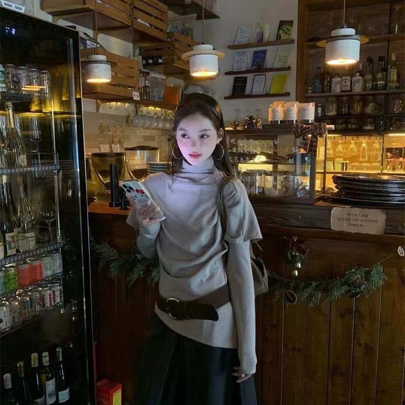 한 부서 레트로 인사이드 가져 가라. 기본 셔츠 2026 새로운 긴팔 티셔츠 몸매 가꾸기 고급 센스 수 있습니다. 외출용 맨위 투피스 세트 상세 이미지 3