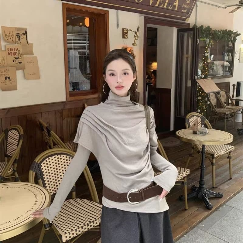 한 부서 레트로 인사이드 가져 가라. 기본 셔츠 2026 새로운 긴팔 티셔츠 몸매 가꾸기 고급 센스 수 있습니다. 외출용 맨위 투피스 세트 상세 이미지 5