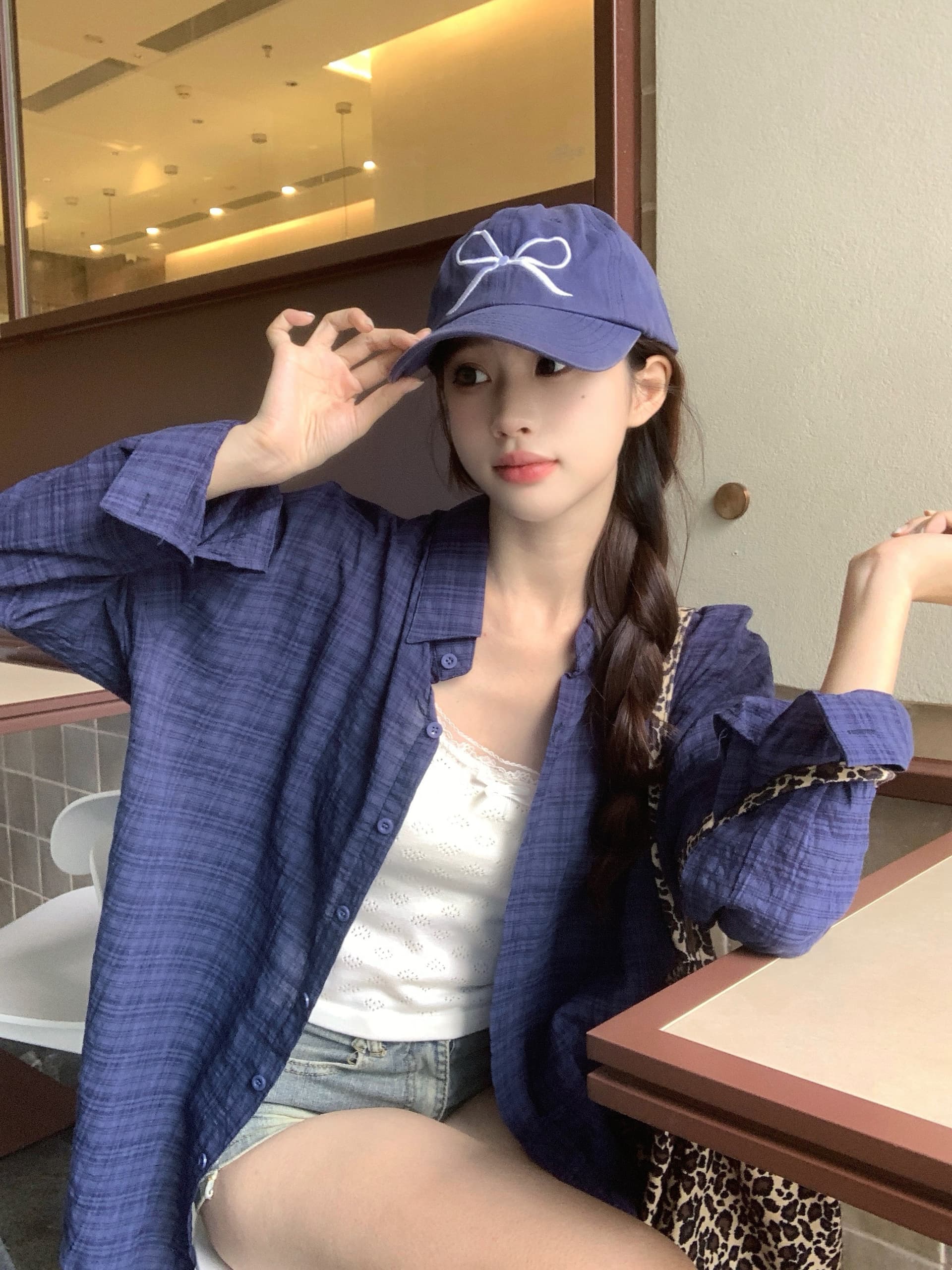 실사 일본식 품격 레트로 진한 파란색 순면 체크무늬 여성 셔츠 이른 가을 2026 서리가 내린 부서 고급 센스 맨위 이미지 4