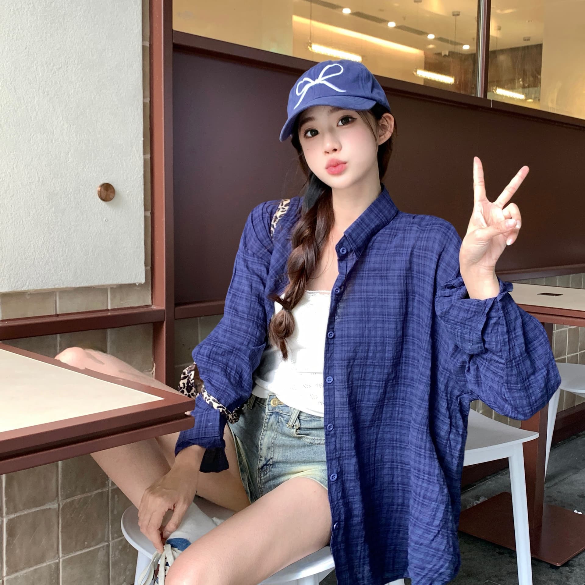 실사 일본식 품격 레트로 진한 파란색 순면 체크무늬 여성 셔츠 이른 가을 2026 서리가 내린 부서 고급 센스 맨위 이미지 5