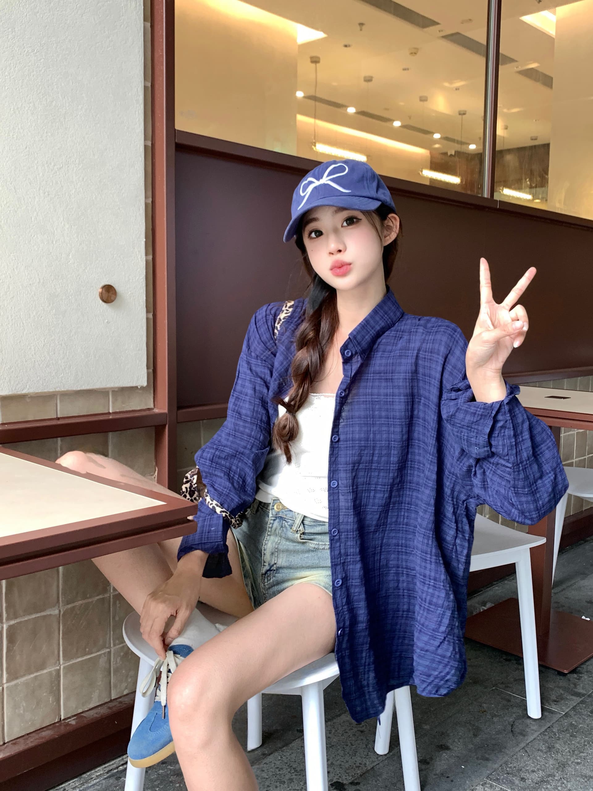 실사 일본식 품격 레트로 진한 파란색 순면 체크무늬 여성 셔츠 이른 가을 2026 서리가 내린 부서 고급 센스 맨위 상세 이미지 12