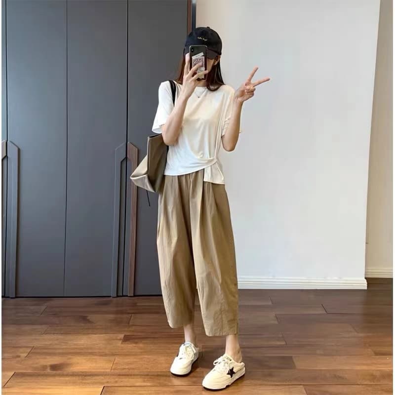 얇은 스타일 넓은 다리 9부 바지 여성 여름 캐주얼 정장 스트레이트 긴 바지 작은 키 일본식 슬림해 보이는 워크웨어 바지 여름 이미지 5