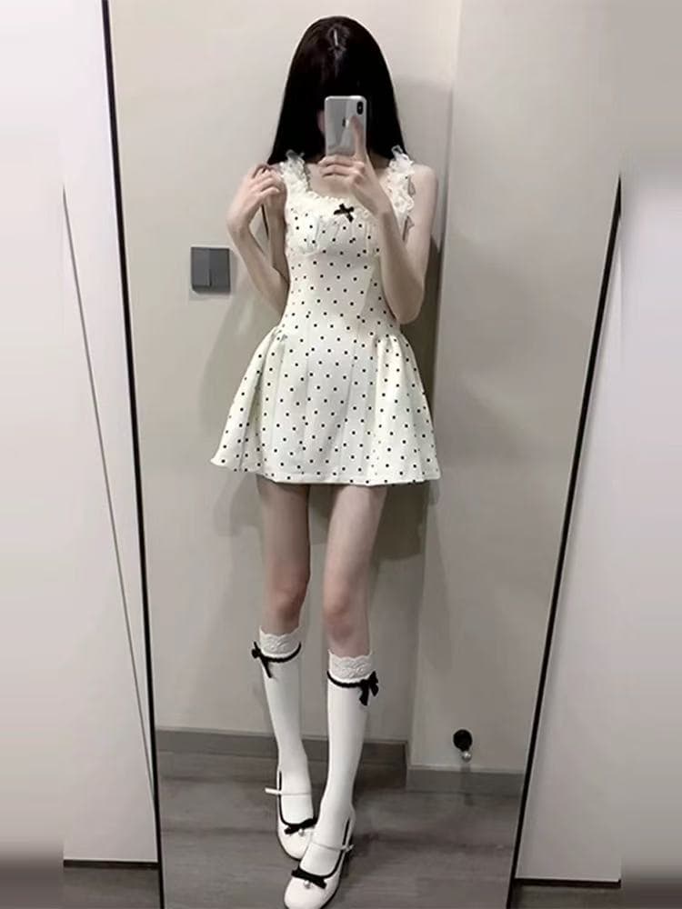 여름 프랑스식 미니 스커트 달콤함 레이스 슬립 도트 무늬 드레스 순수한 욕망 새로운 디자인 치마 허리 수축 A라인 스커트 상세 이미지 1