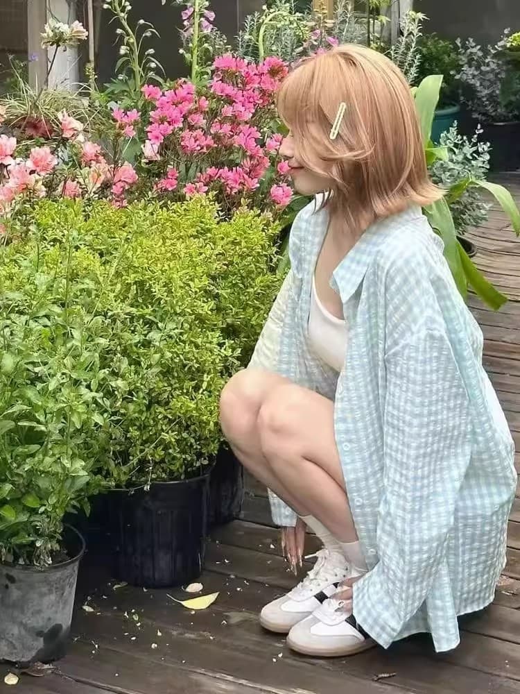 s-2xl 원본 품질 푸른 녹색 체크무늬 POLO 칼라 셔츠 여성 여름 도파민 얇은 스타일 루즈핏 자외선 차단 맨위 이미지 2