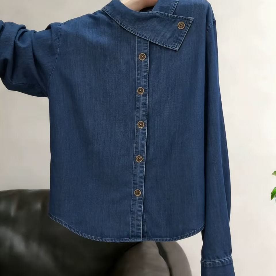 항구 바람 chic 레트로 디자인 센스 십자가 칼라 데님 셔츠 남녀 봄 가을 조수 브랜드 튀김 거리 작은 대중 긴팔 셔츠 이미지 5