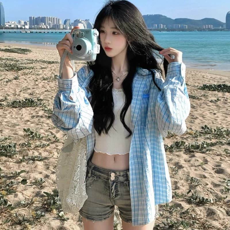 파란색 격자 무늬 셔츠 가을 셔츠 2025 새로운 한 부서 자외선 차단 캐주얼 맨위 얇은 스타일 재킷 대외 무역 폭발 이미지 3