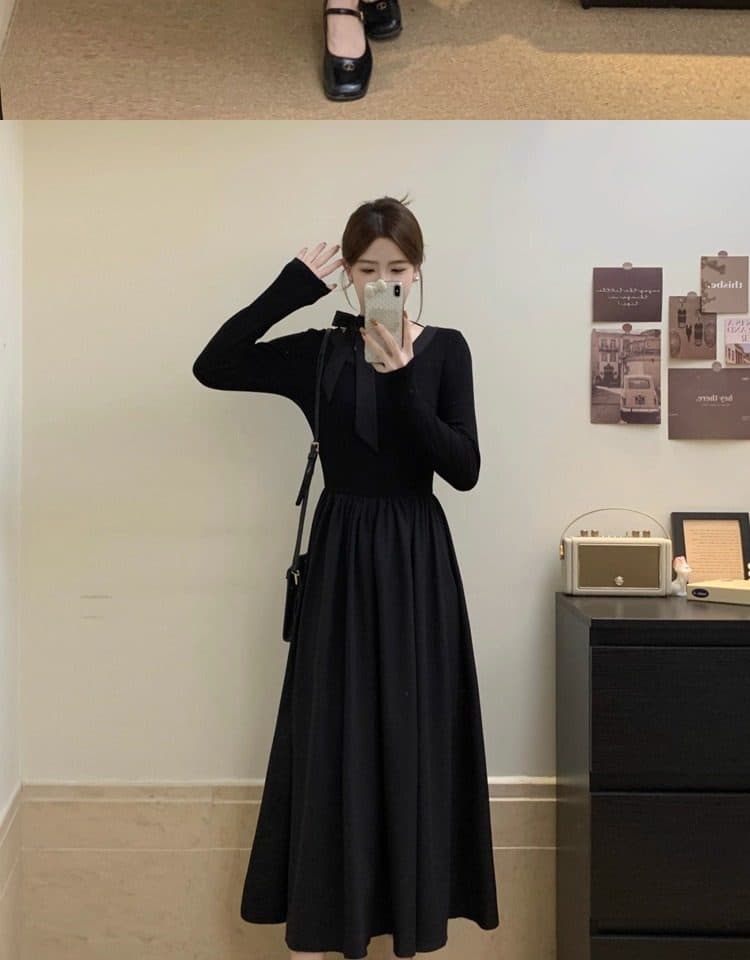 빅 사이즈 프랑스식 그는 벤 바람 라운드 넥 긴팔 여성 드레스 가을 허리 수축 품격 작은 검은 드레스 지방 mm 슬림해 보이는 치마 상세 이미지 5