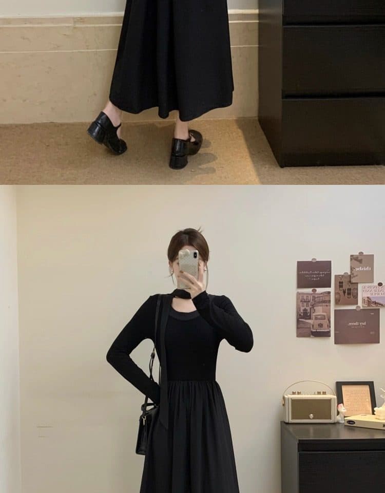 빅 사이즈 프랑스식 그는 벤 바람 라운드 넥 긴팔 여성 드레스 가을 허리 수축 품격 작은 검은 드레스 지방 mm 슬림해 보이는 치마 상세 이미지 11