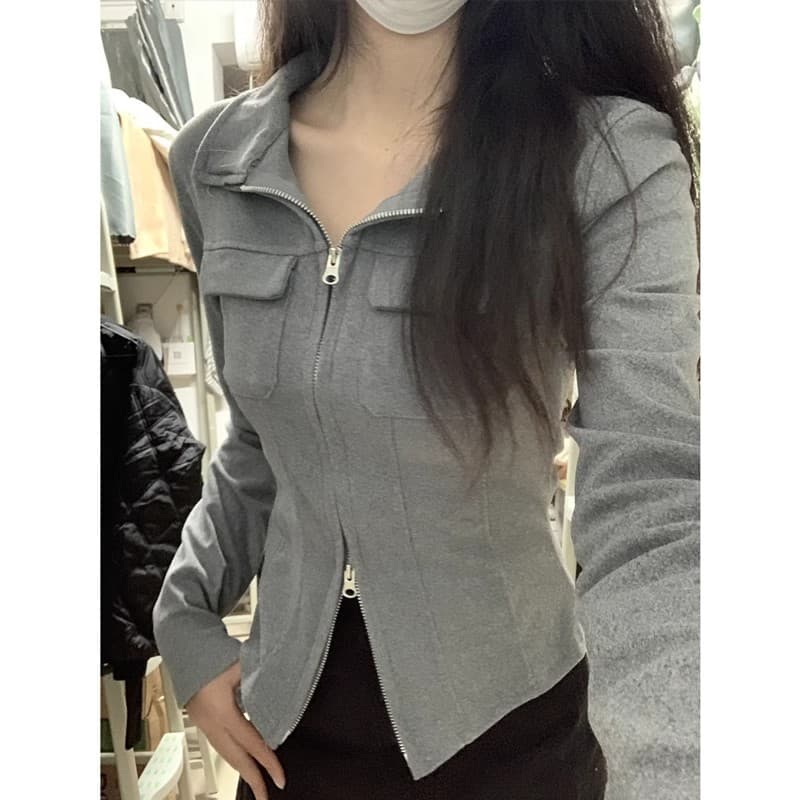 순수한 욕망 바람 핫걸 POLO 칼라 기본 셔츠 여성 봄 가을 디자인 센스 몸매 가꾸기 쇼트 스타일 더블 지퍼 긴팔 맨위 재킷 이미지 3