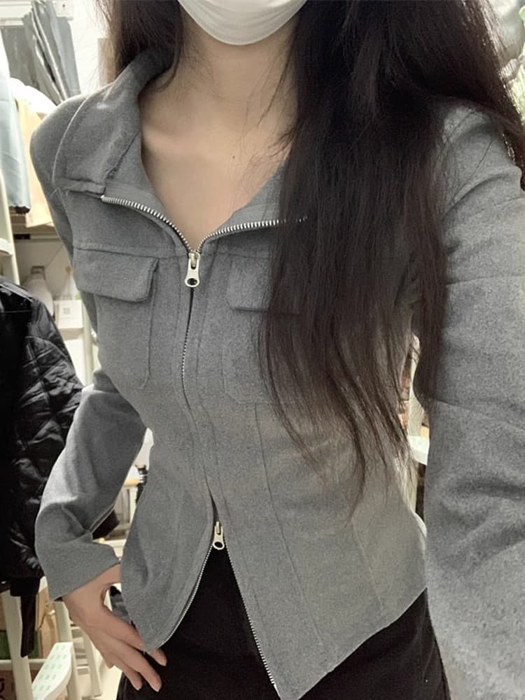 순수한 욕망 바람 핫걸 POLO 칼라 기본 셔츠 여성 봄 가을 디자인 센스 몸매 가꾸기 쇼트 스타일 더블 지퍼 긴팔 맨위 재킷 상세 이미지 2