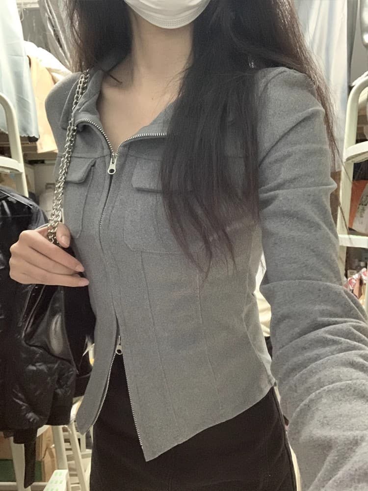 순수한 욕망 바람 핫걸 POLO 칼라 기본 셔츠 여성 봄 가을 디자인 센스 몸매 가꾸기 쇼트 스타일 더블 지퍼 긴팔 맨위 재킷 상세 이미지 4