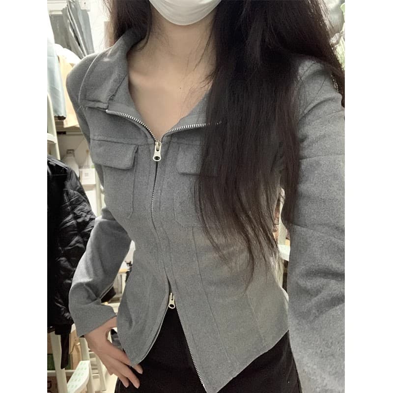 순수한 욕망 바람 핫걸 POLO 칼라 기본 셔츠 여성 봄 가을 디자인 센스 몸매 가꾸기 쇼트 스타일 더블 지퍼 긴팔 맨위 재킷 상세 이미지 5