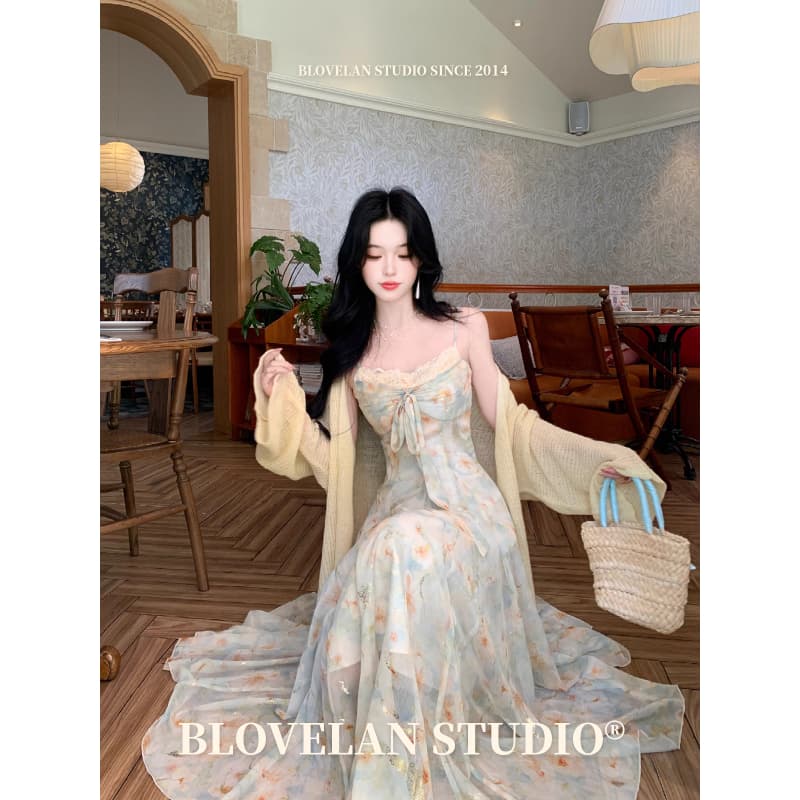 blovelan 리플 심장 코어 분위기 센스 신선함 꽃무늬 허리 수축 다림질 금박 대 치마 나비 매듭 슬립 드레스 이미지 5