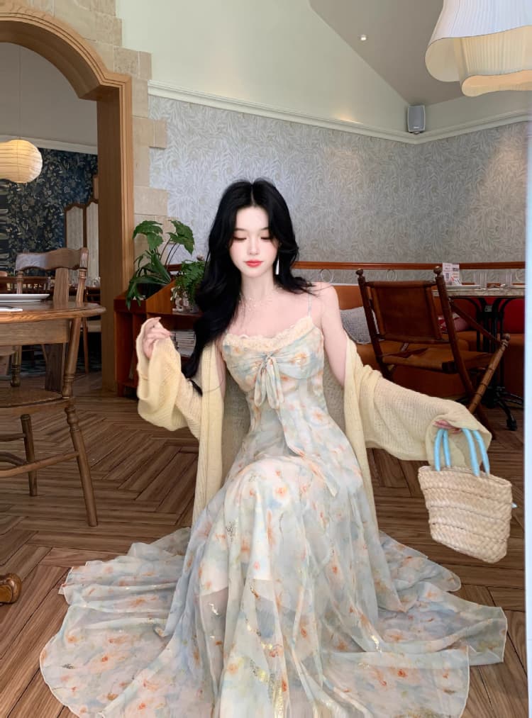 blovelan 리플 심장 코어 분위기 센스 신선함 꽃무늬 허리 수축 다림질 금박 대 치마 나비 매듭 슬립 드레스 상세 이미지 8