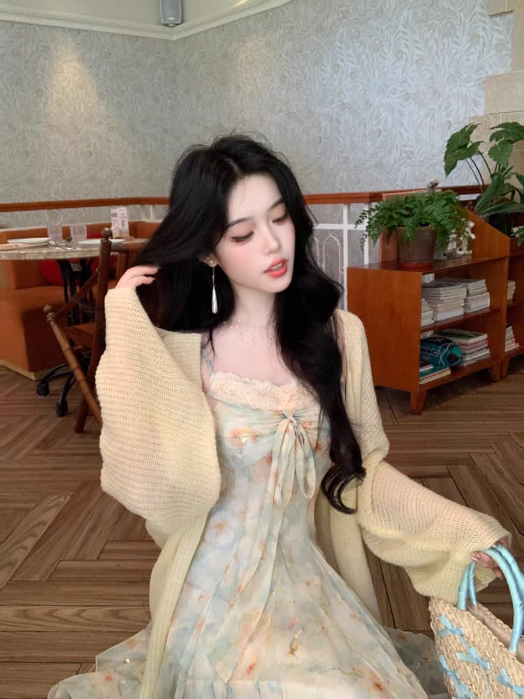 blovelan 리플 심장 코어 분위기 센스 신선함 꽃무늬 허리 수축 다림질 금박 대 치마 나비 매듭 슬립 드레스 상세 이미지 19
