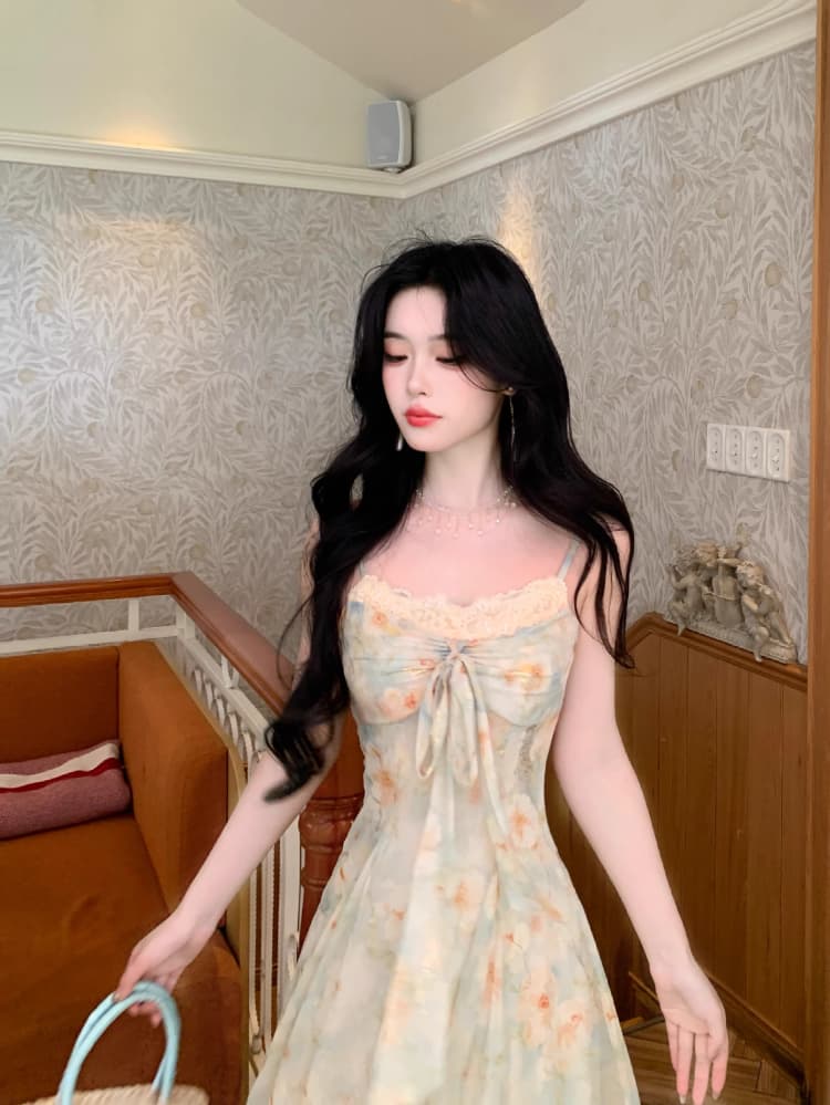 blovelan 리플 심장 코어 분위기 센스 신선함 꽃무늬 허리 수축 다림질 금박 대 치마 나비 매듭 슬립 드레스 상세 이미지 20
