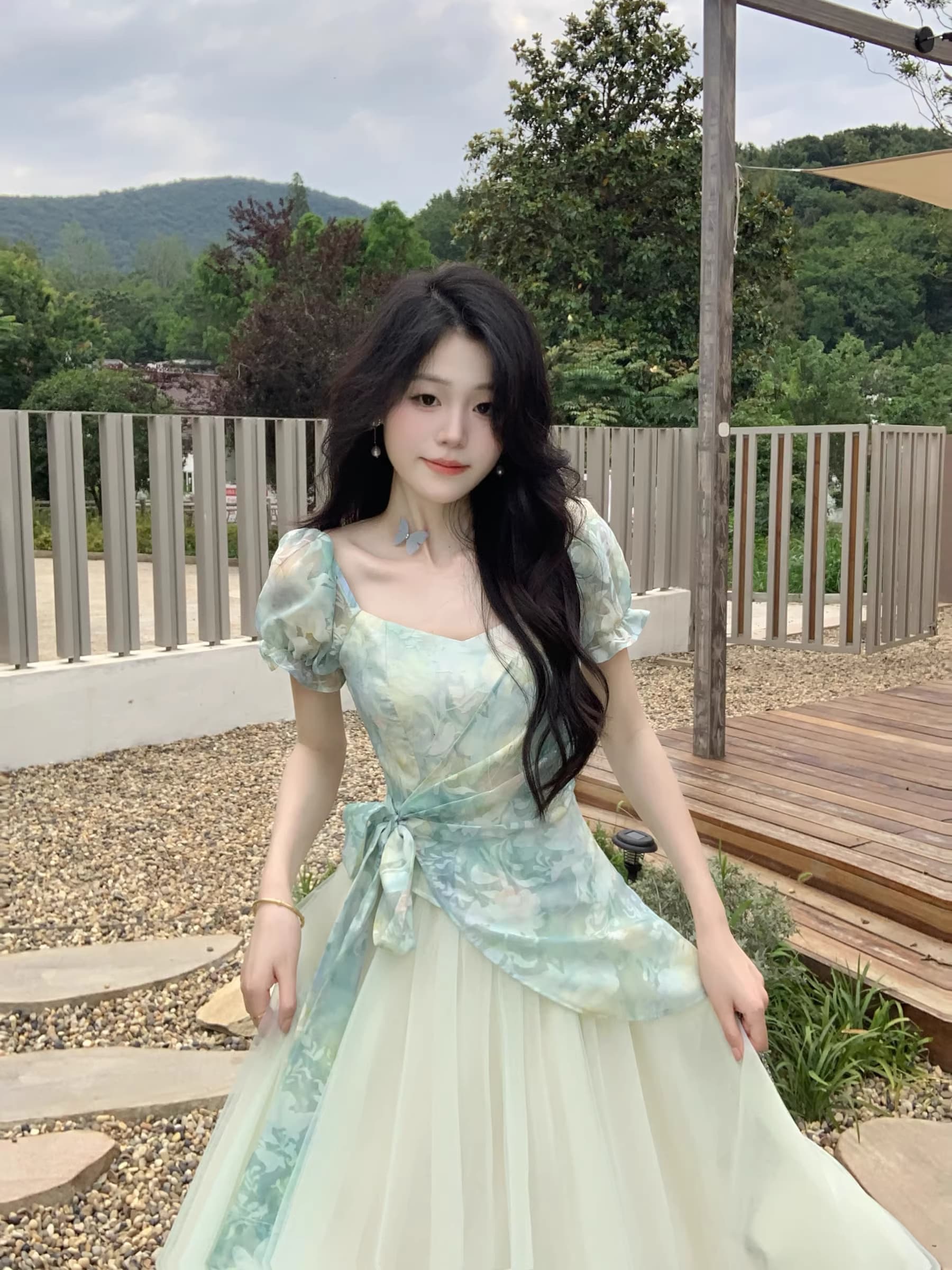 차 휴식 프랑스식 달콤함 신선함 도파민 고급 센스 헤일로 염색 프린트 패치워크 망사 허리 수축 페이크 레이어드 드레스 이미지 3