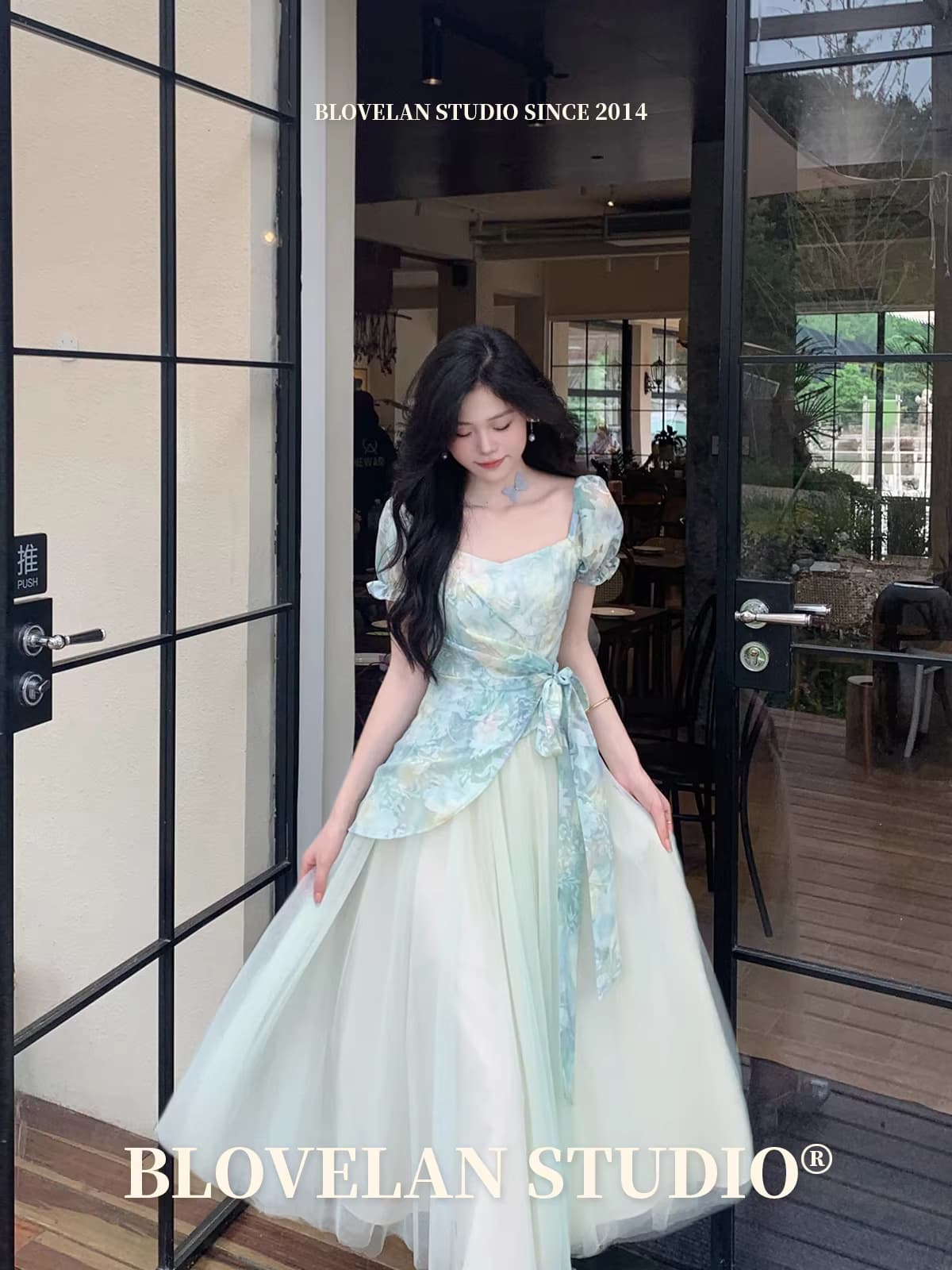 차 휴식 프랑스식 달콤함 신선함 도파민 고급 센스 헤일로 염색 프린트 패치워크 망사 허리 수축 페이크 레이어드 드레스 이미지 2