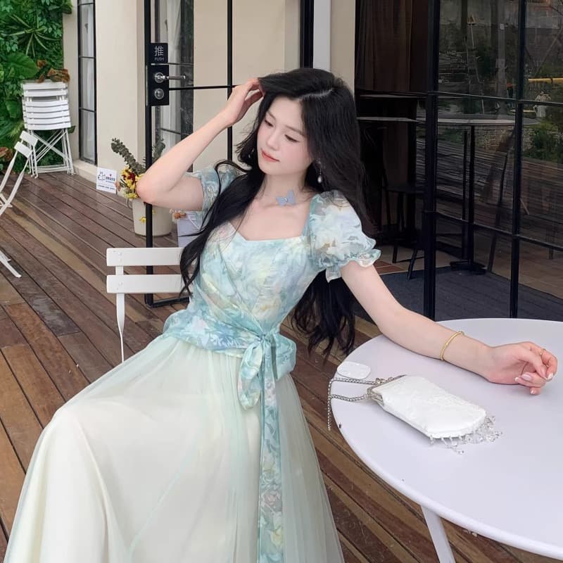 차 휴식 프랑스식 달콤함 신선함 도파민 고급 센스 헤일로 염색 프린트 패치워크 망사 허리 수축 페이크 레이어드 드레스 이미지 5