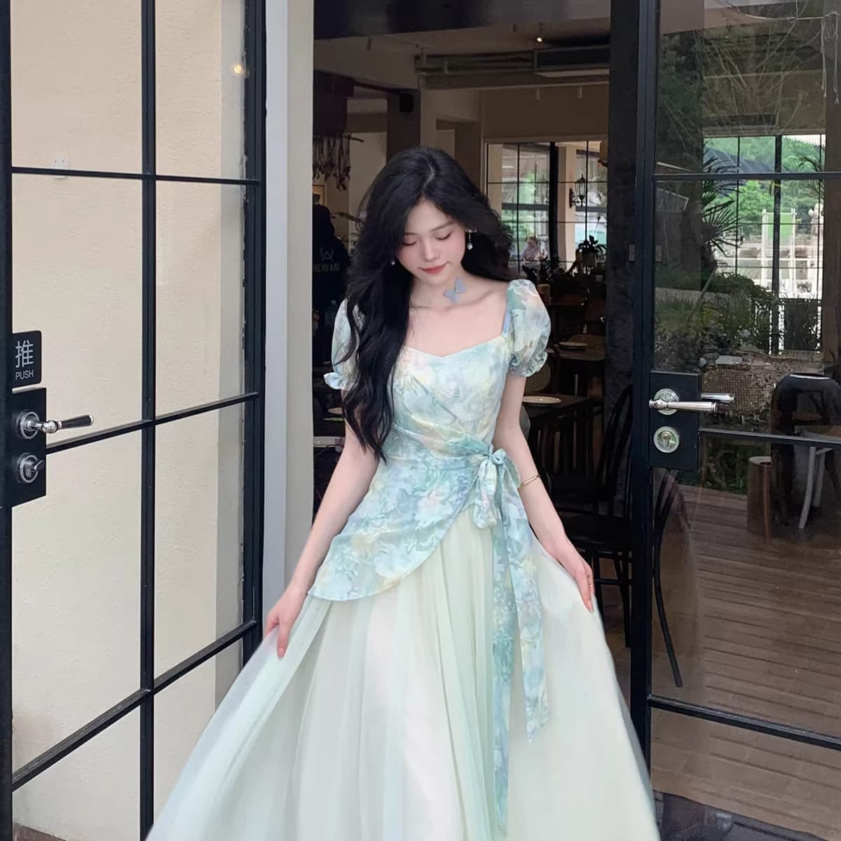 차 휴식 프랑스식 달콤함 신선함 도파민 고급 센스 헤일로 염색 프린트 패치워크 망사 허리 수축 페이크 레이어드 드레스 이미지 6