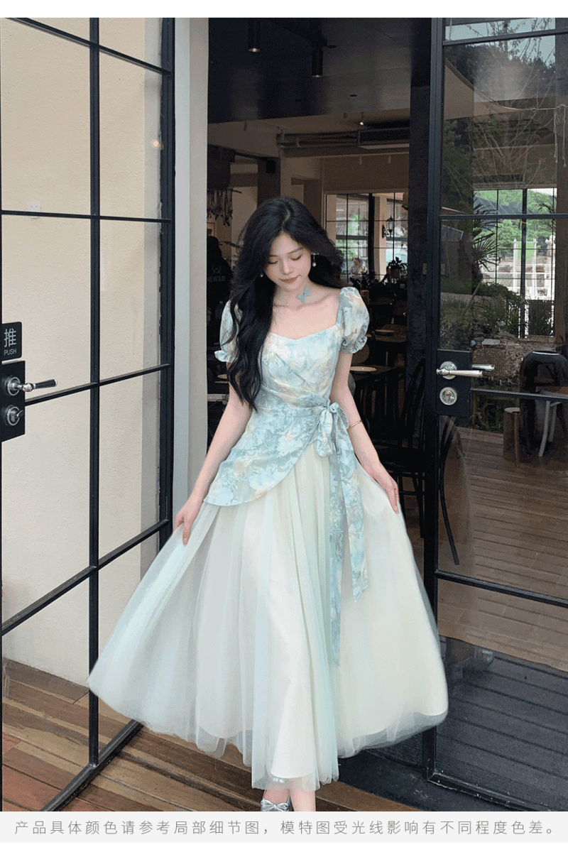 차 휴식 프랑스식 달콤함 신선함 도파민 고급 센스 헤일로 염색 프린트 패치워크 망사 허리 수축 페이크 레이어드 드레스 상세 이미지 2