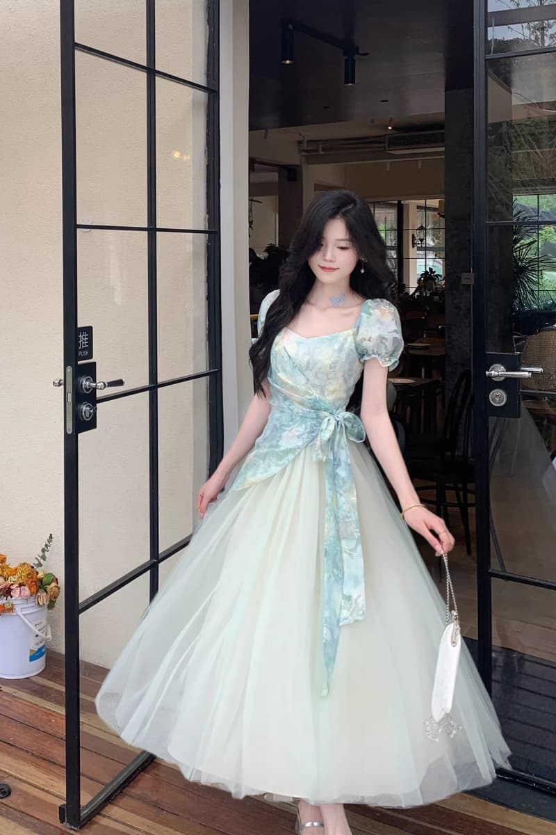 차 휴식 프랑스식 달콤함 신선함 도파민 고급 센스 헤일로 염색 프린트 패치워크 망사 허리 수축 페이크 레이어드 드레스 상세 이미지 8