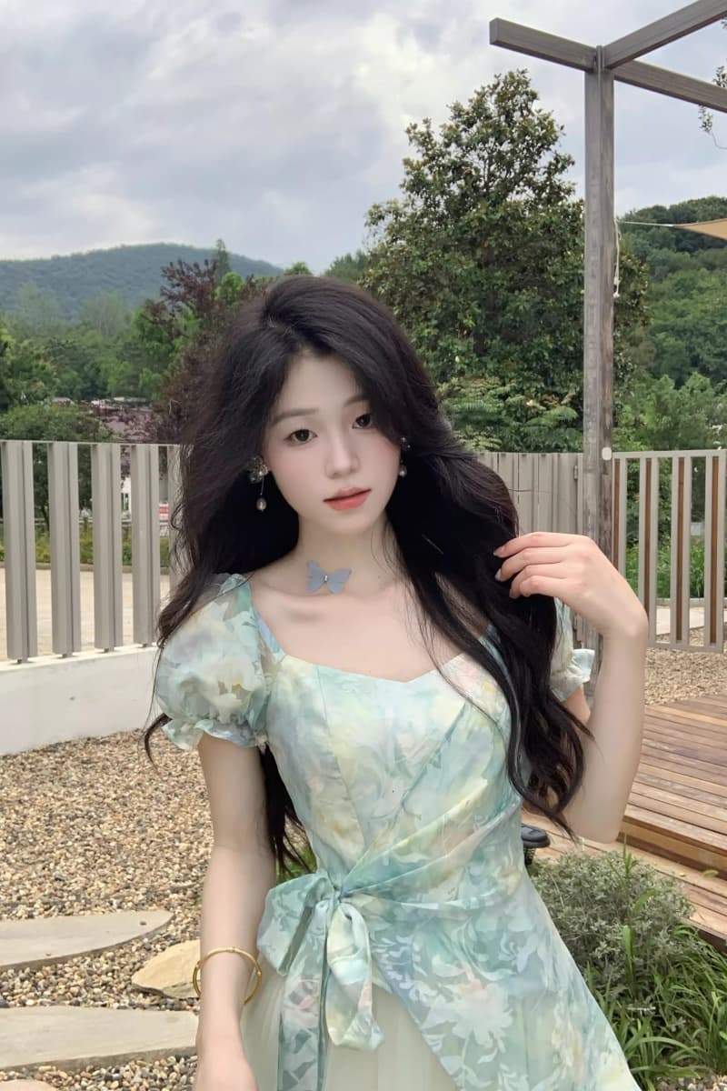 차 휴식 프랑스식 달콤함 신선함 도파민 고급 센스 헤일로 염색 프린트 패치워크 망사 허리 수축 페이크 레이어드 드레스 상세 이미지 10