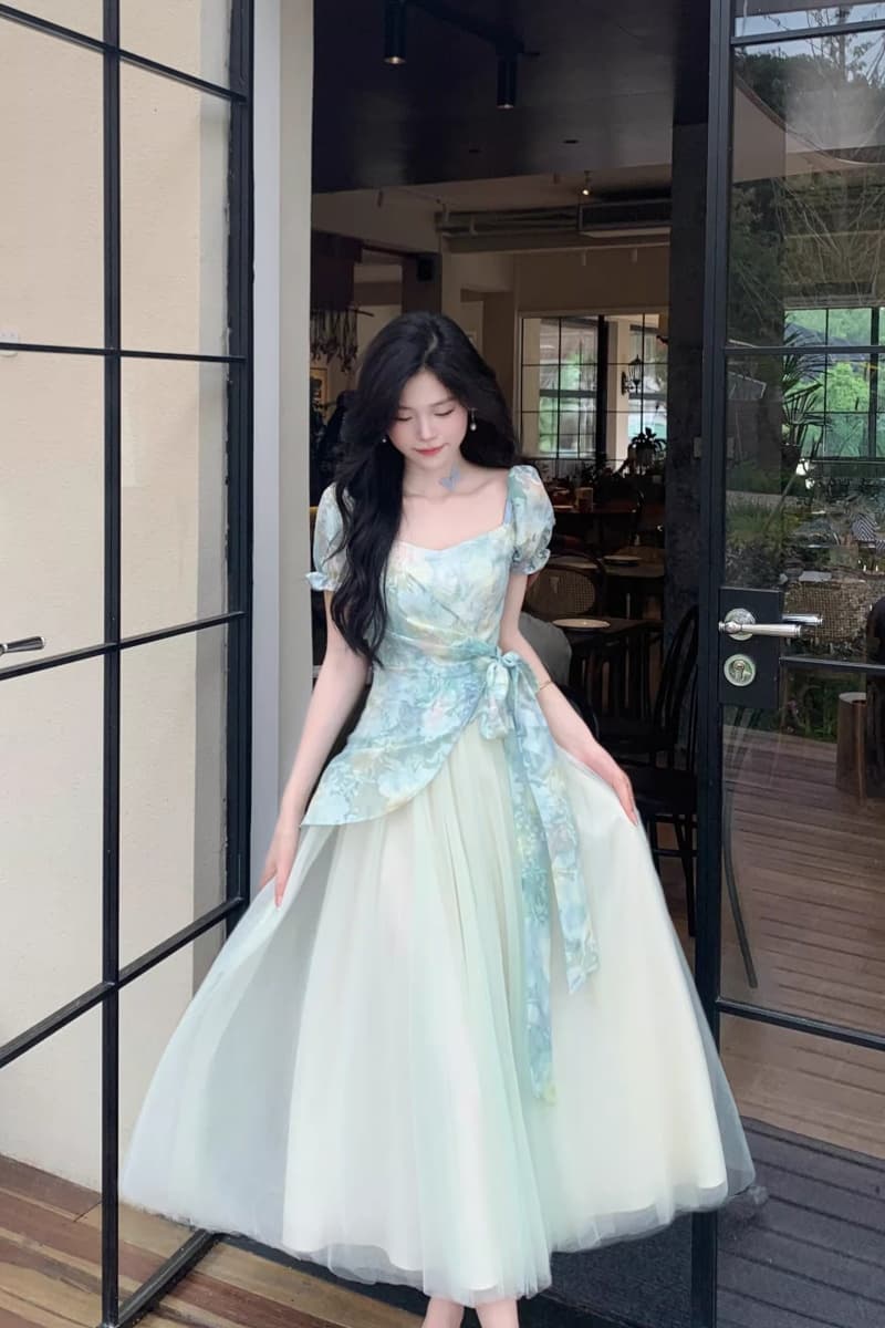 차 휴식 프랑스식 달콤함 신선함 도파민 고급 센스 헤일로 염색 프린트 패치워크 망사 허리 수축 페이크 레이어드 드레스 상세 이미지 12