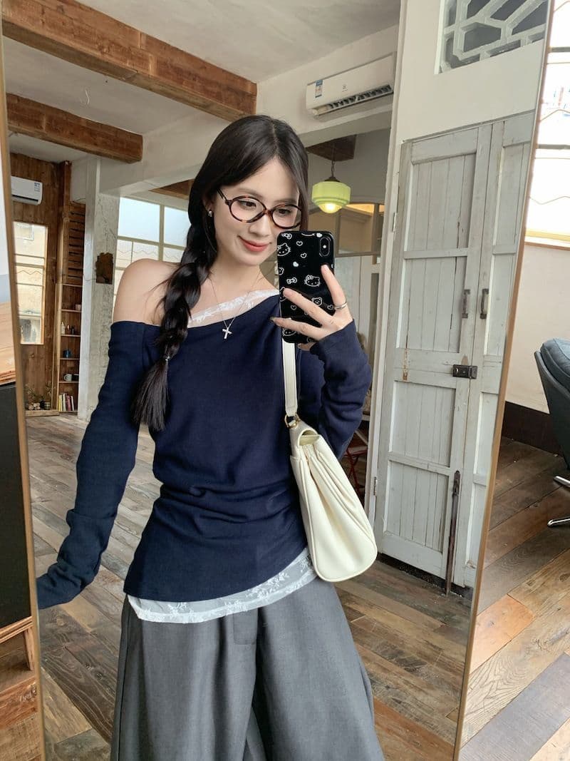 오프숄더 품격 비스듬한 어깨 레이스 조각 티셔츠 여성 수신 Pleat 허리 수축 슬림해 보이는 긴팔 맨위 국경 간 대외 무역 폭발 상세 이미지 3