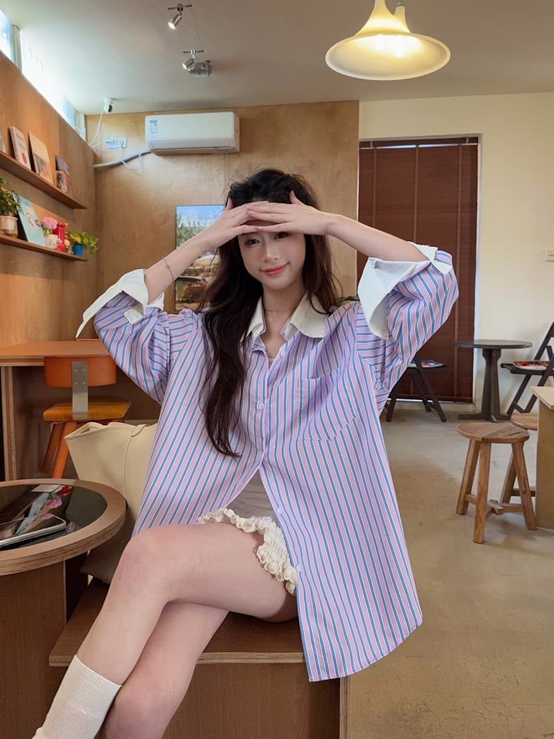 한 부서 고급 센스 작은 대중 디자인 스트라이프 패치워크 뒤집다 소매 맨위 블라우스 2026 봄 Chic 루즈핏 재킷 상세 이미지 6
