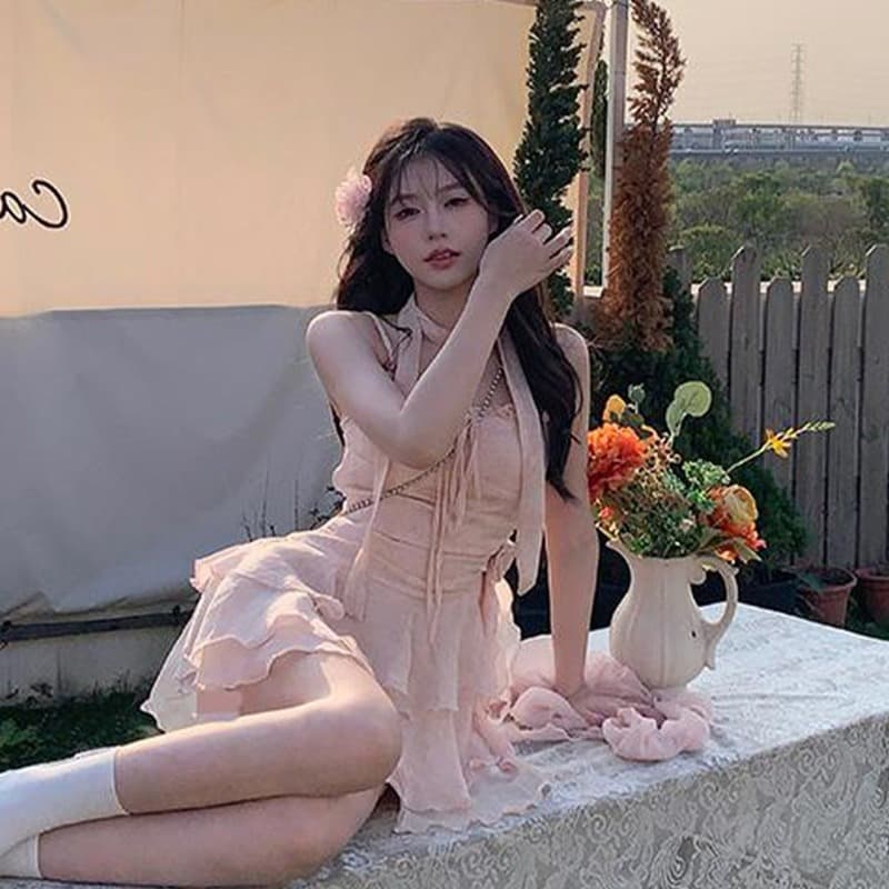 마이크로 지방 부드러운 달콤함 프릴 슬립 여성 드레스 여름 작은 키 허리 수축 슬림해 보이는 미니 스커트 오픈 가디건 세트 이미지 6