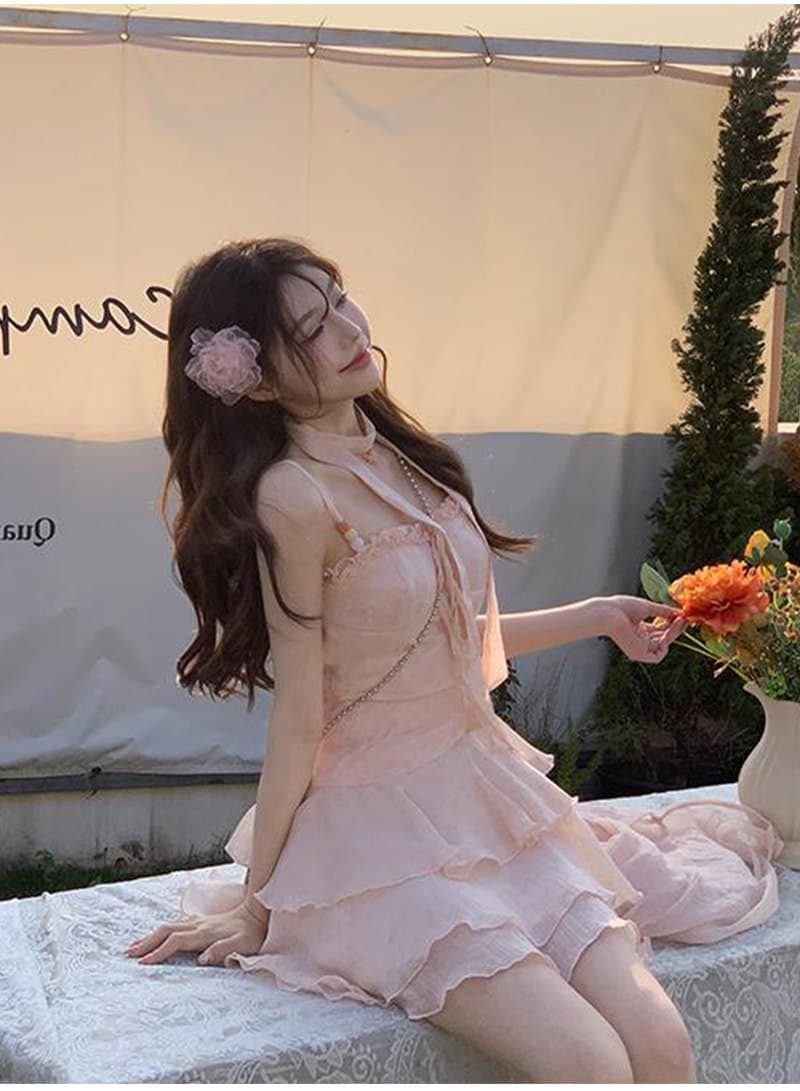 마이크로 지방 부드러운 달콤함 프릴 슬립 여성 드레스 여름 작은 키 허리 수축 슬림해 보이는 미니 스커트 오픈 가디건 세트 상세 이미지 3