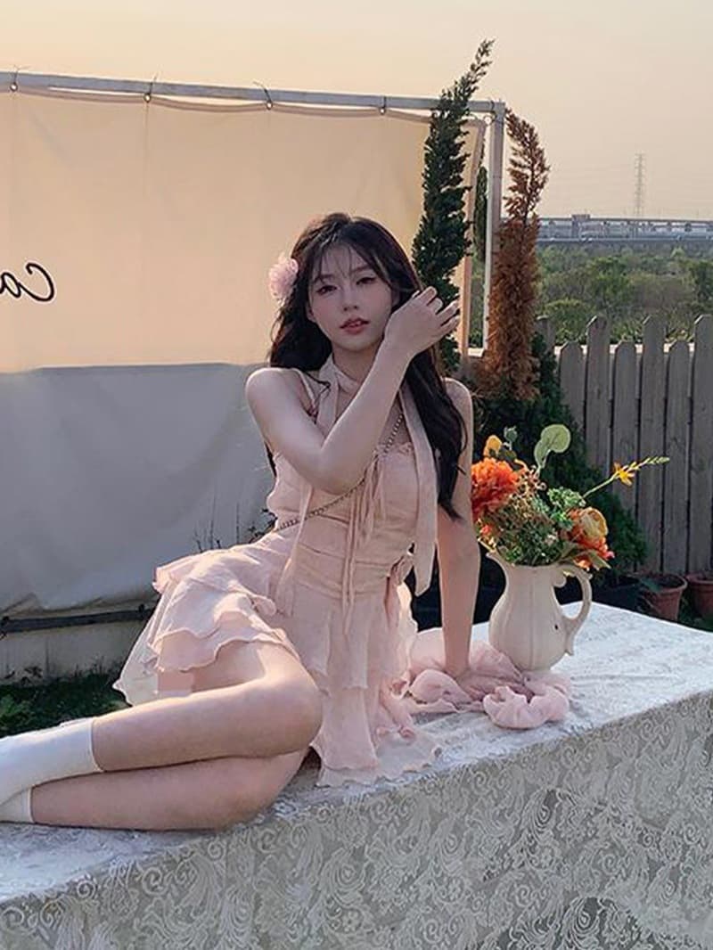 마이크로 지방 부드러운 달콤함 프릴 슬립 여성 드레스 여름 작은 키 허리 수축 슬림해 보이는 미니 스커트 오픈 가디건 세트 상세 이미지 9