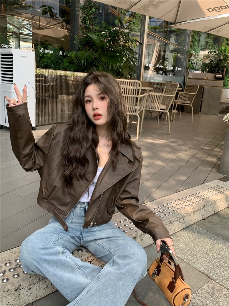 높은 품질 이중층 네리 유럽 상품 폴로 칼라 쇼트 스타일 pu 가죽 자켓 고급 센스 오토바이 튀김 거리 작은 키 가죽 자켓 상세 이미지 5