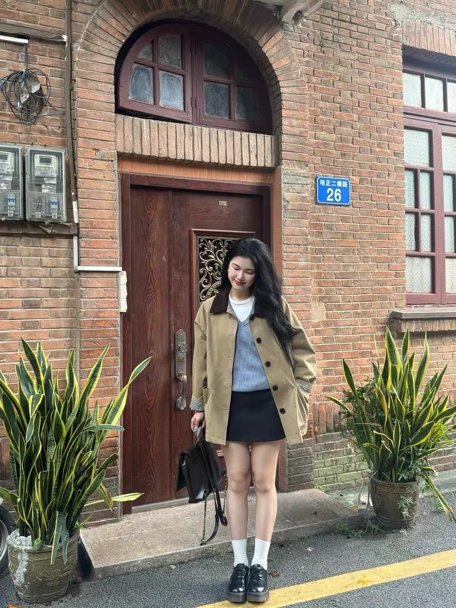 높은 품질 원단 이중층 네리 작은 키 중간 길이 바람막이 캐주얼 고급 센스 배색 루즈핏 카키 색 재킷