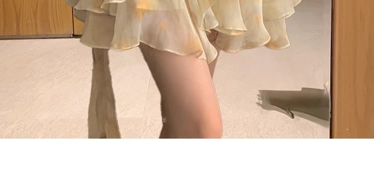 높은 품질 프랑스식 꽃무늬 V넥 거품 소매 쉬폰 여성 드레스 새로운 허리 수축 불규칙 리본 미니 스커트 상세 이미지 4