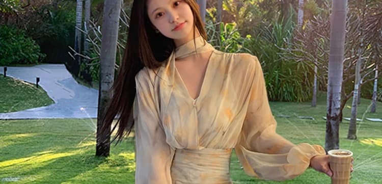 높은 품질 프랑스식 꽃무늬 V넥 거품 소매 쉬폰 여성 드레스 새로운 허리 수축 불규칙 리본 미니 스커트 상세 이미지 18