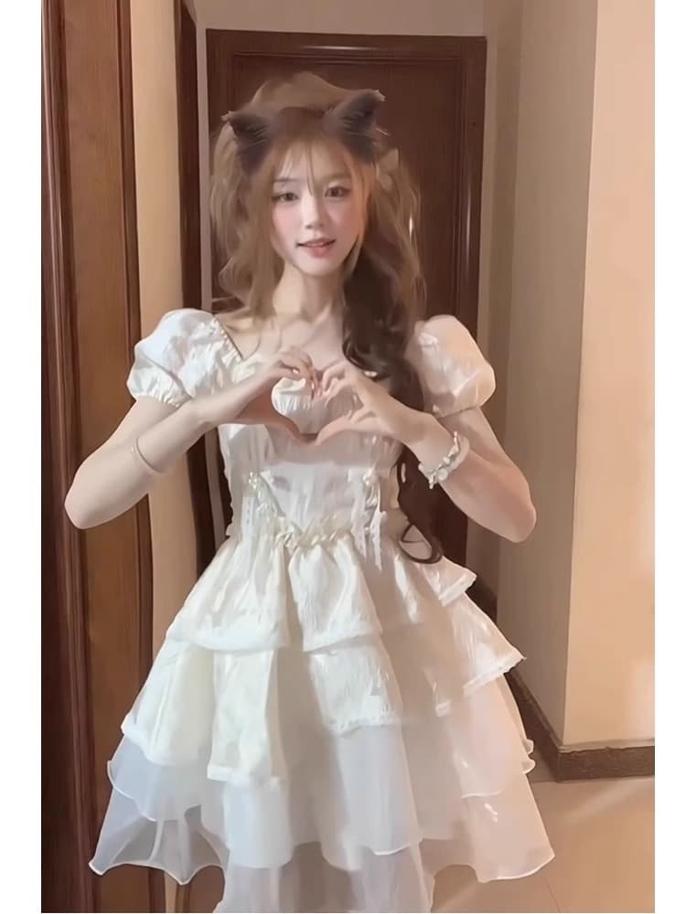 달콤한 핫걸 여성 드레스 여름 프랑스식 첫사랑 거품 소매 부드러운 공주 드레스 디자인 센스 허리 수축 퍼프 치마 상세 이미지 4