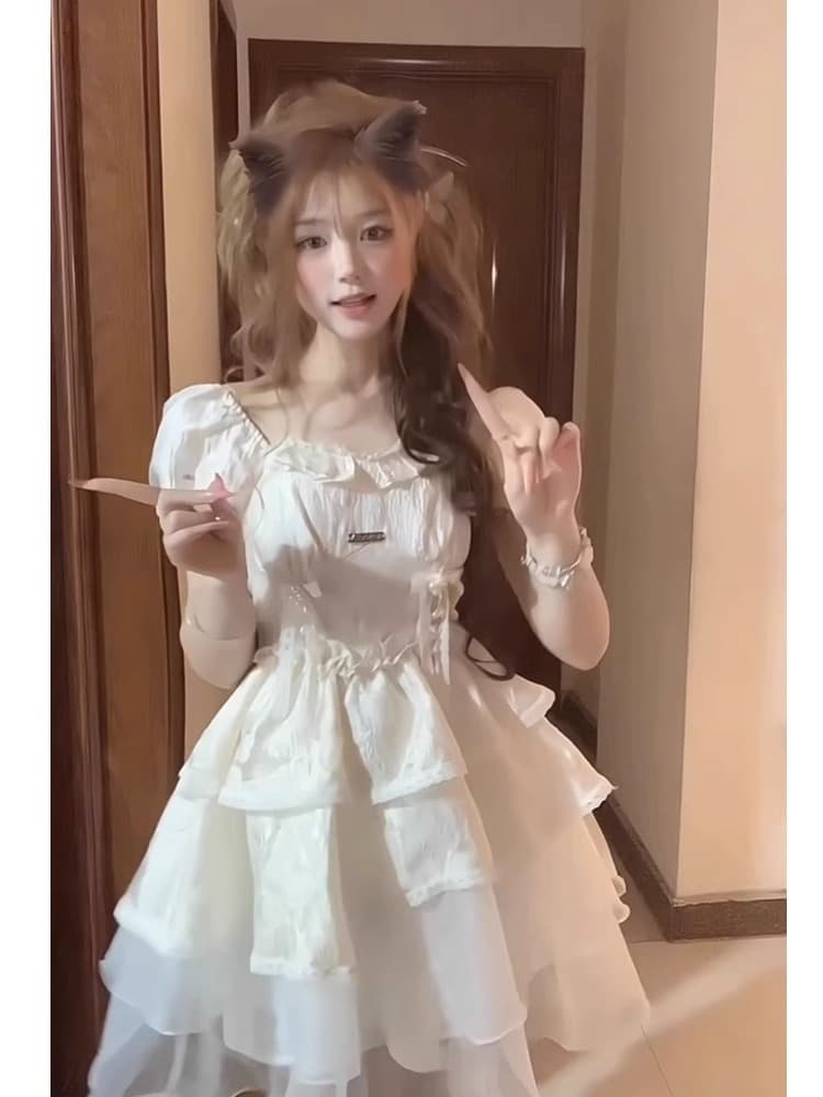 달콤한 핫걸 여성 드레스 여름 프랑스식 첫사랑 거품 소매 부드러운 공주 드레스 디자인 센스 허리 수축 퍼프 치마 상세 이미지 6