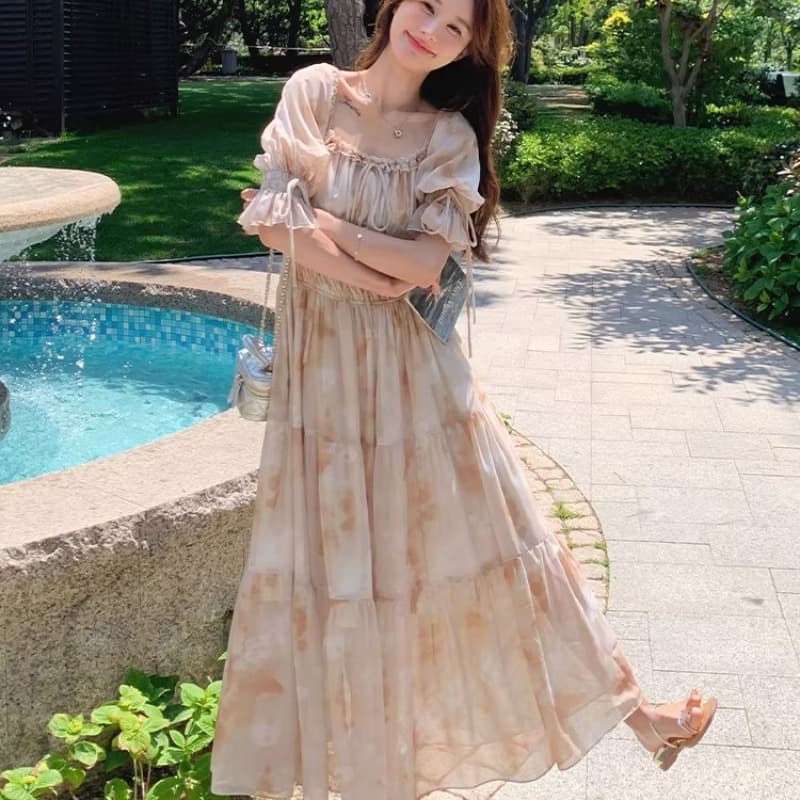 프랑스식 낭만주의 광장 칼라 꽃무늬 드레스 여름 요정 2026 새로운 봄 가을 부드러운 품격 슈퍼 요정 휴가 롱 스커트 이미지 5