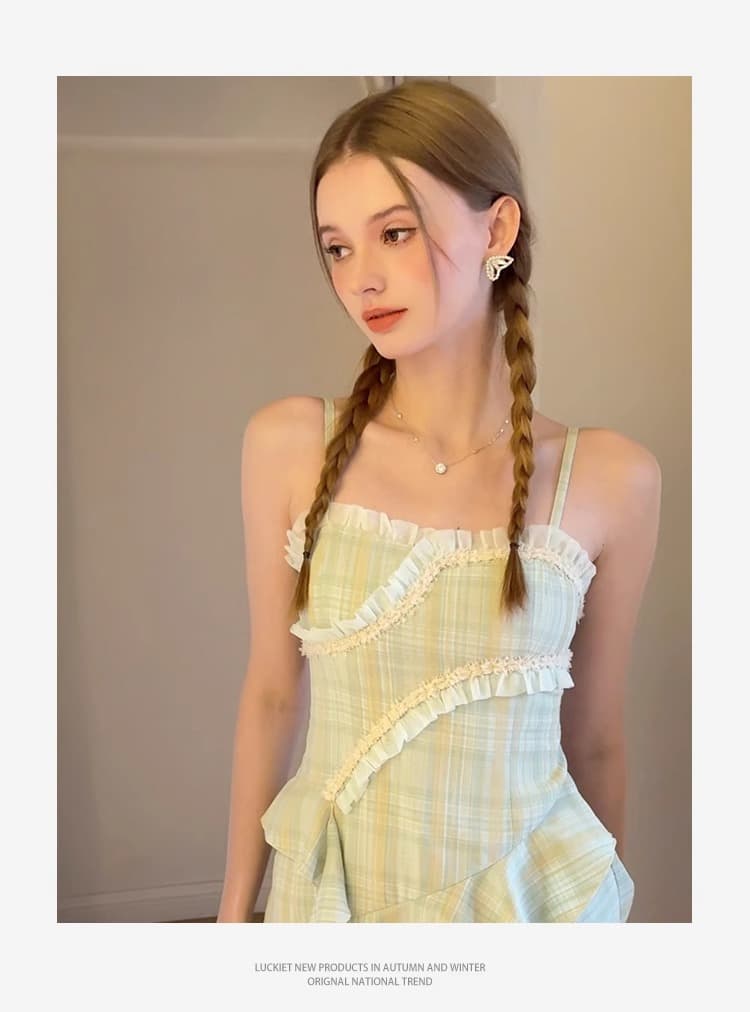 불규칙 박하 남자 웨이브 드레스 박하 녹색 디자인 꽃무늬 튜브탑 불규칙 치마 고급 센스 상세 이미지 11