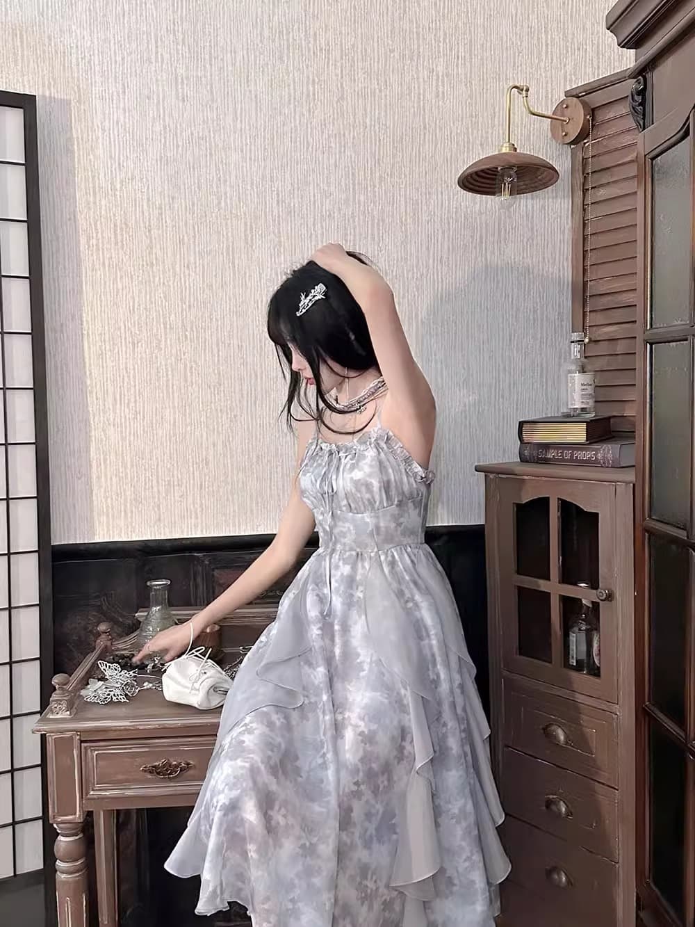 2026 새로운 연기 잉크 염색 회색 홀치기 염색 슬립 드레스 감기 센스 요정 치마 여름 오픈 가디건 투피스 세트 이미지 2