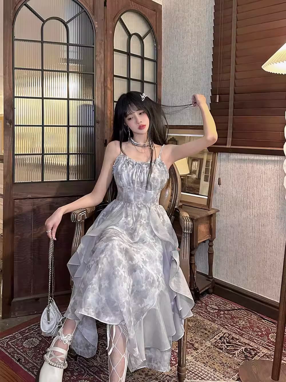 2026 새로운 연기 잉크 염색 회색 홀치기 염색 슬립 드레스 감기 센스 요정 치마 여름 오픈 가디건 투피스 세트 이미지 3