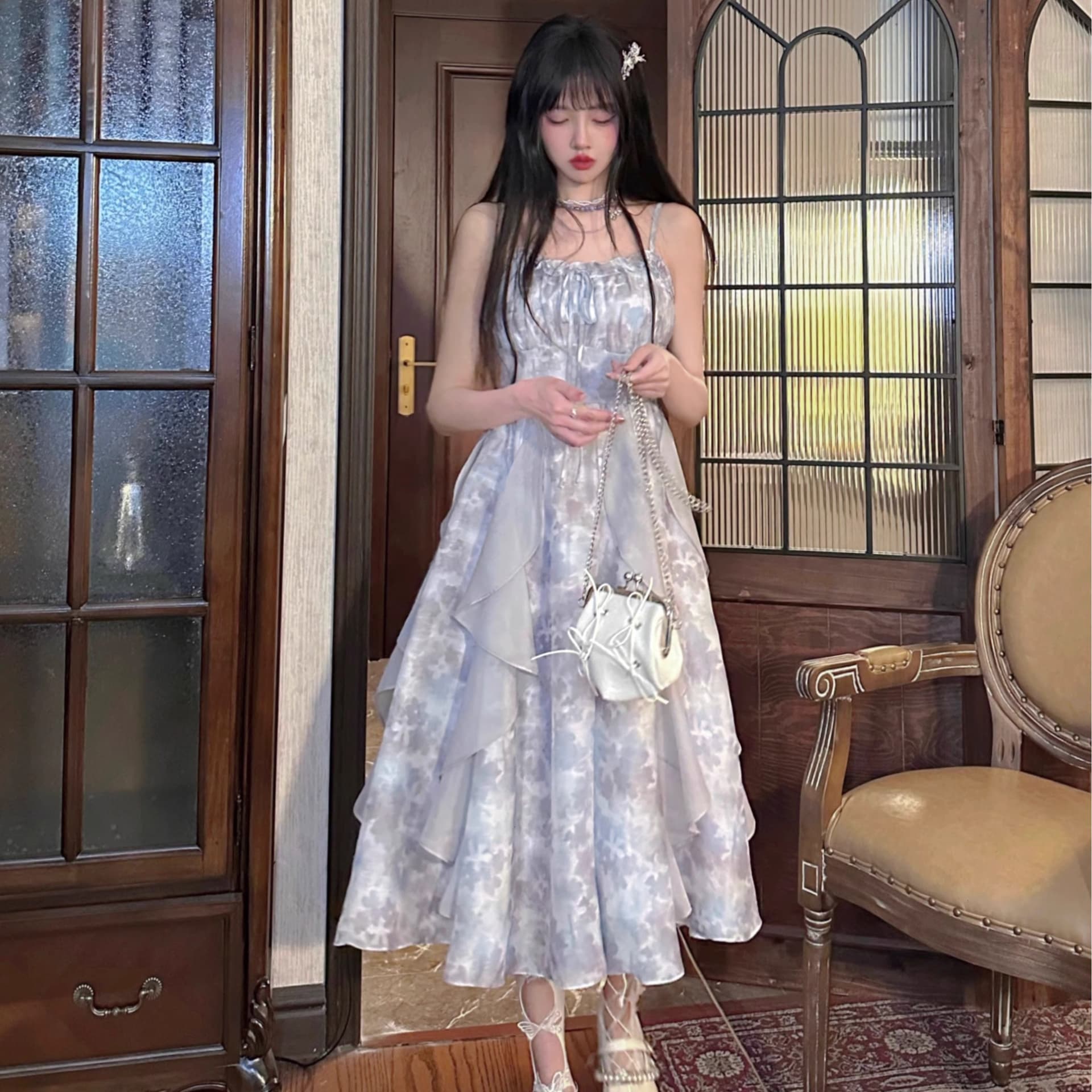 2026 새로운 연기 잉크 염색 회색 홀치기 염색 슬립 드레스 감기 센스 요정 치마 여름 오픈 가디건 투피스 세트 이미지 4