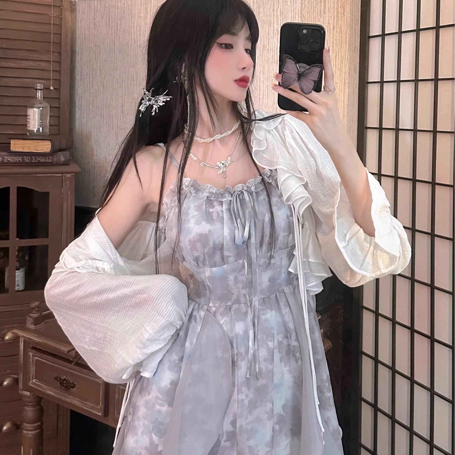 2026 새로운 연기 잉크 염색 회색 홀치기 염색 슬립 드레스 감기 센스 요정 치마 여름 오픈 가디건 투피스 세트 이미지 5