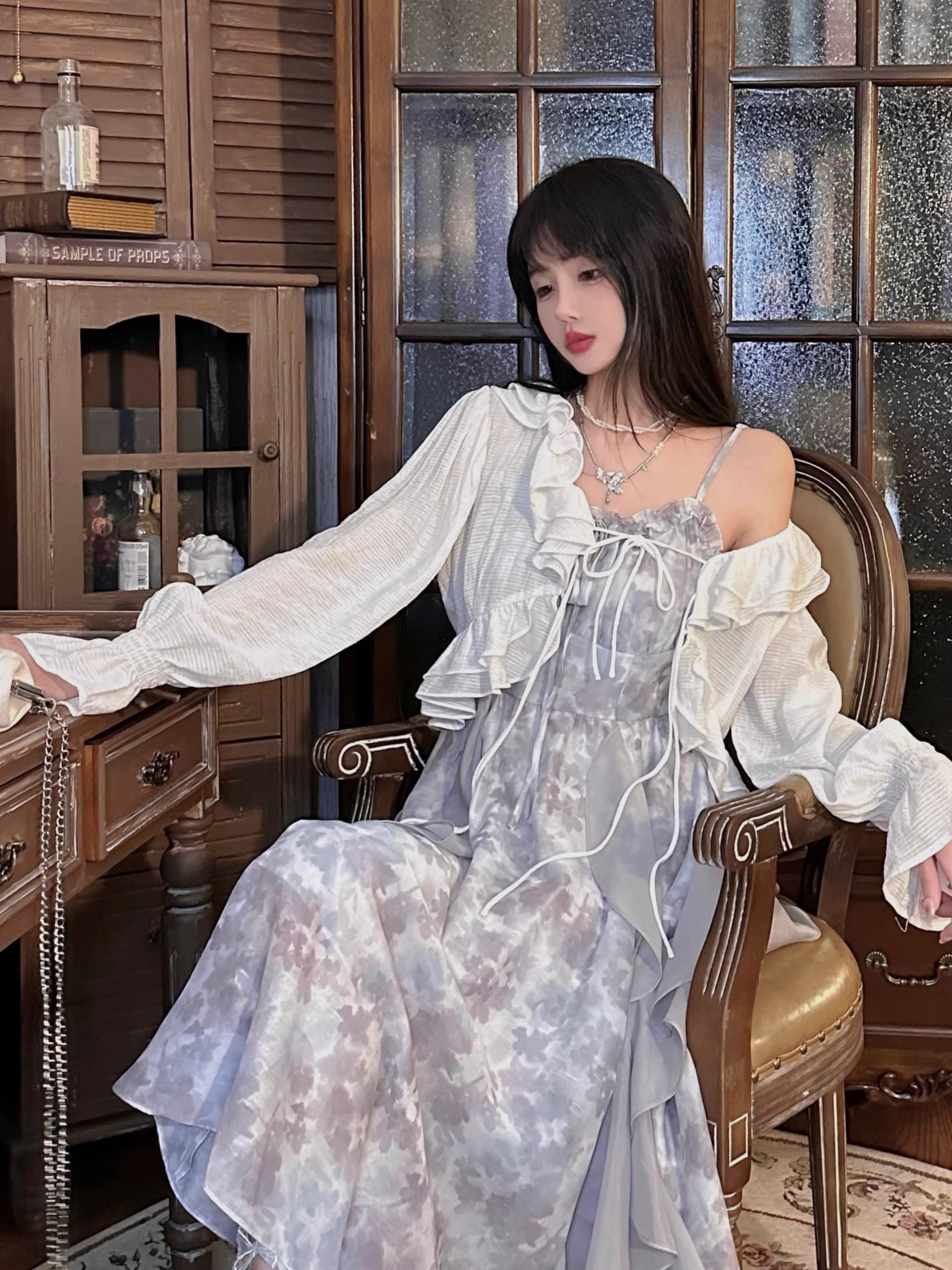 2026 새로운 연기 잉크 염색 회색 홀치기 염색 슬립 드레스 감기 센스 요정 치마 여름 오픈 가디건 투피스 세트 상세 이미지 4